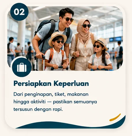 02 Persiapkan Keperluan — dari penginapan, tiket, makanan hingga aktiviti.